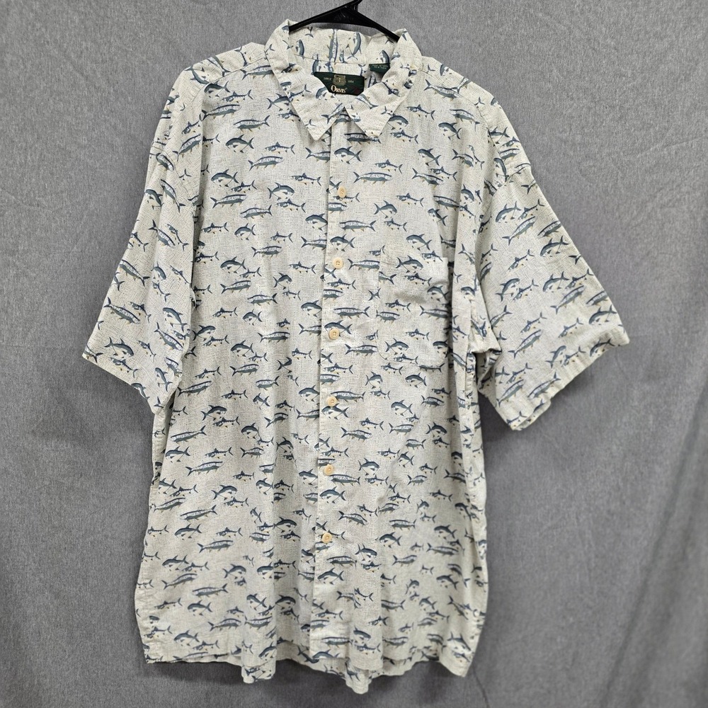 Cream Fish Tarpon Print Short Sleeve Cotton Button Down Shirt